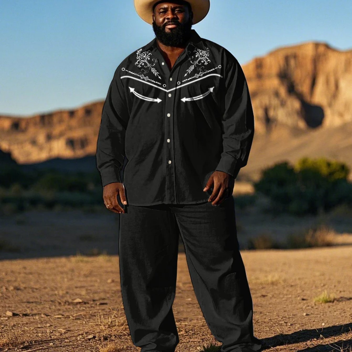 Large Men's retro denim suit, black embroidered denim long sleeved shirt+black long pants. Large loose Western style fashion two-piece set, PLUS SIZE