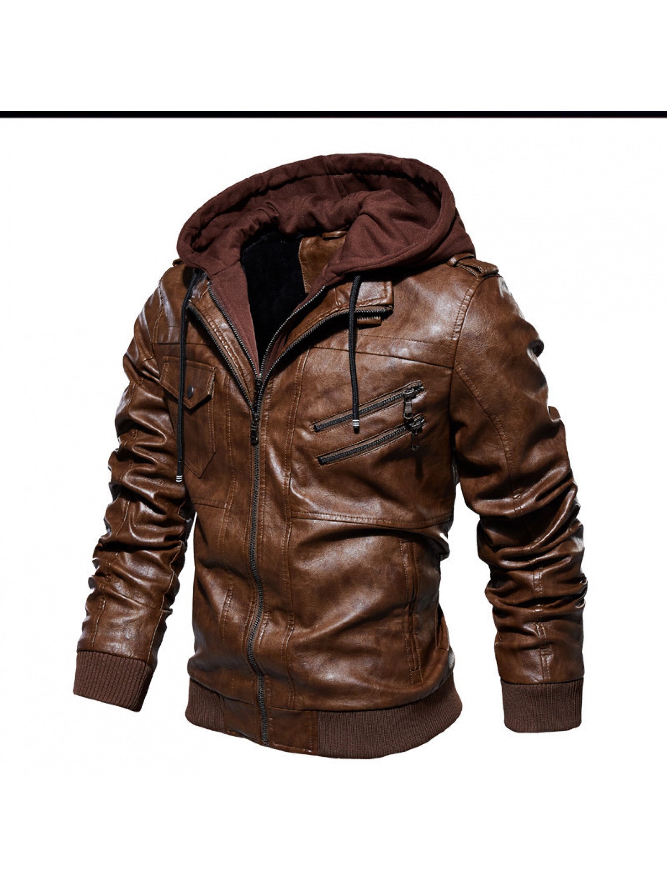Men's Full-Bodied Retro Leather Jacket & Hooded Coat Two-Piece Set - Full-Zip Front Closure, Collar, Chest Pocket - Heavy-Duty Winter Outerwear (Black) - European/American Style Leather Suit for Cold Weather
