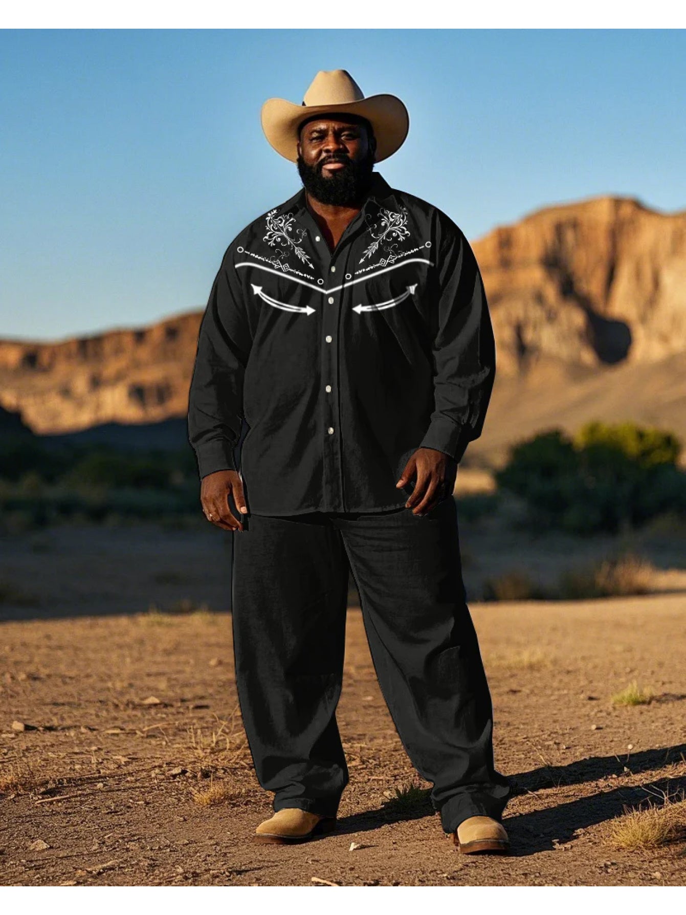 Large Men's retro denim suit, black embroidered denim long sleeved shirt+black long pants. Large loose Western style fashion two-piece set, PLUS SIZE