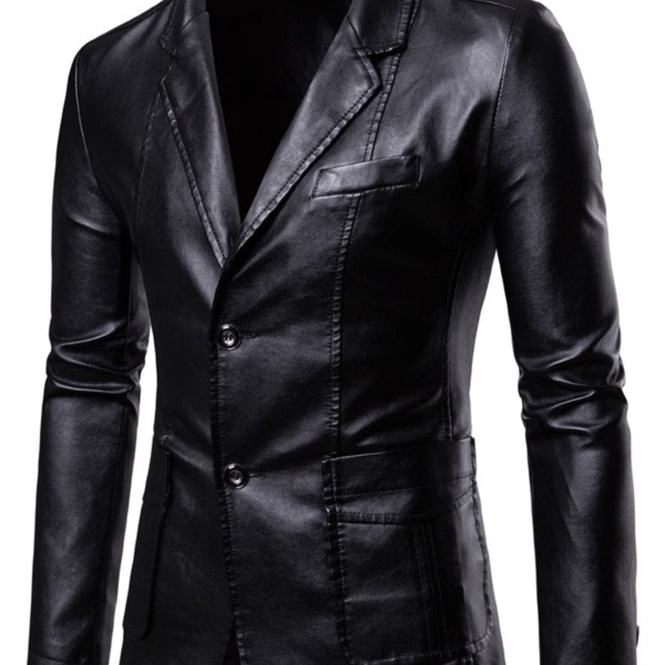 Men'S Spring & Autumn Elegant Gentleman Light Business Faux Leather Lapel Suit-Style Faux Leather Jacket | Trendy and Sophisticated Outerwear for Important Outdoor Occasions, Button Closure, Lining, Solid Color