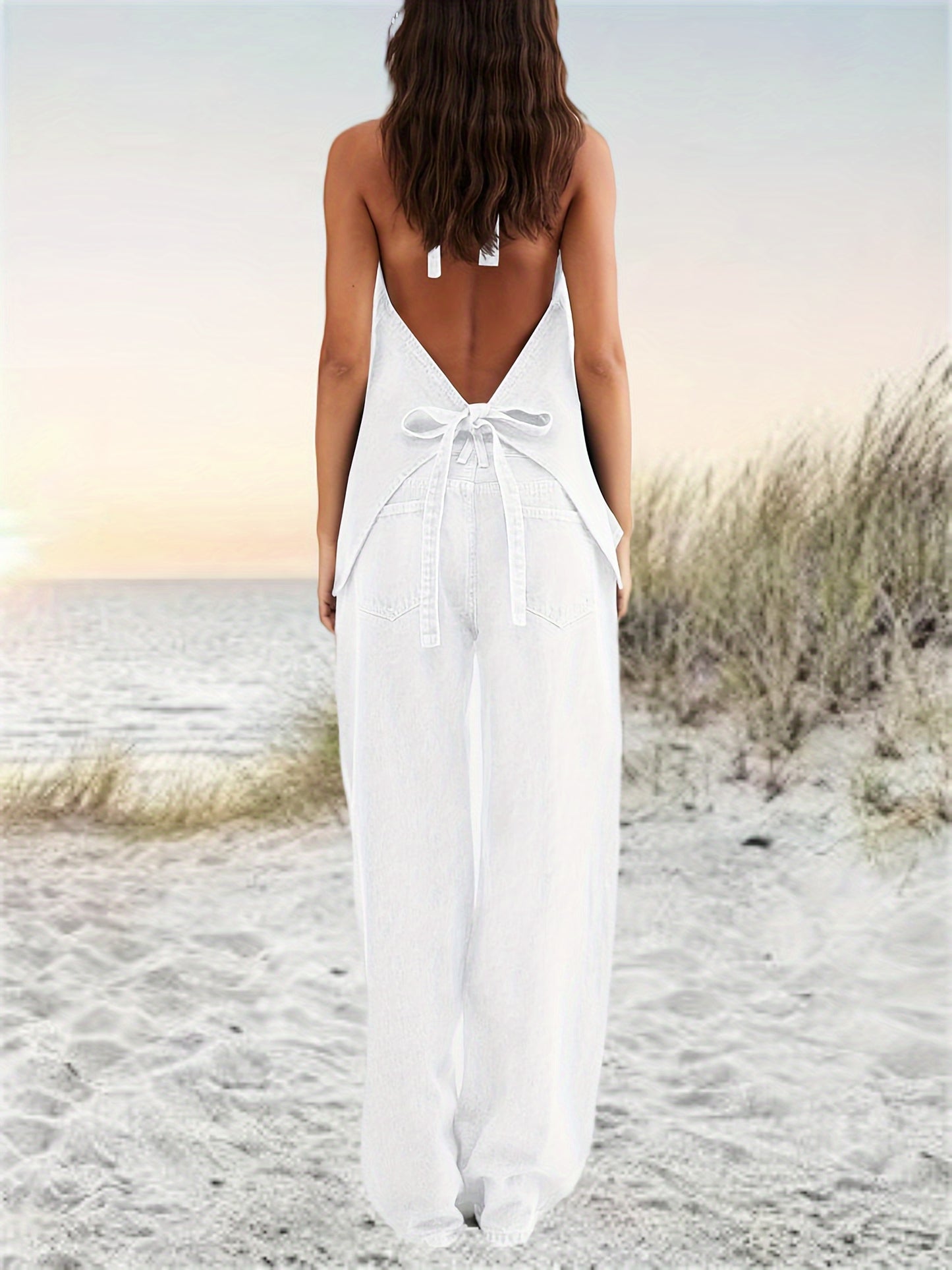 [Denim Set] 2pcs Women's Denim Set - Two Piece Outfit Suits - Button Backless Tank Top And Wide Leg Jeans