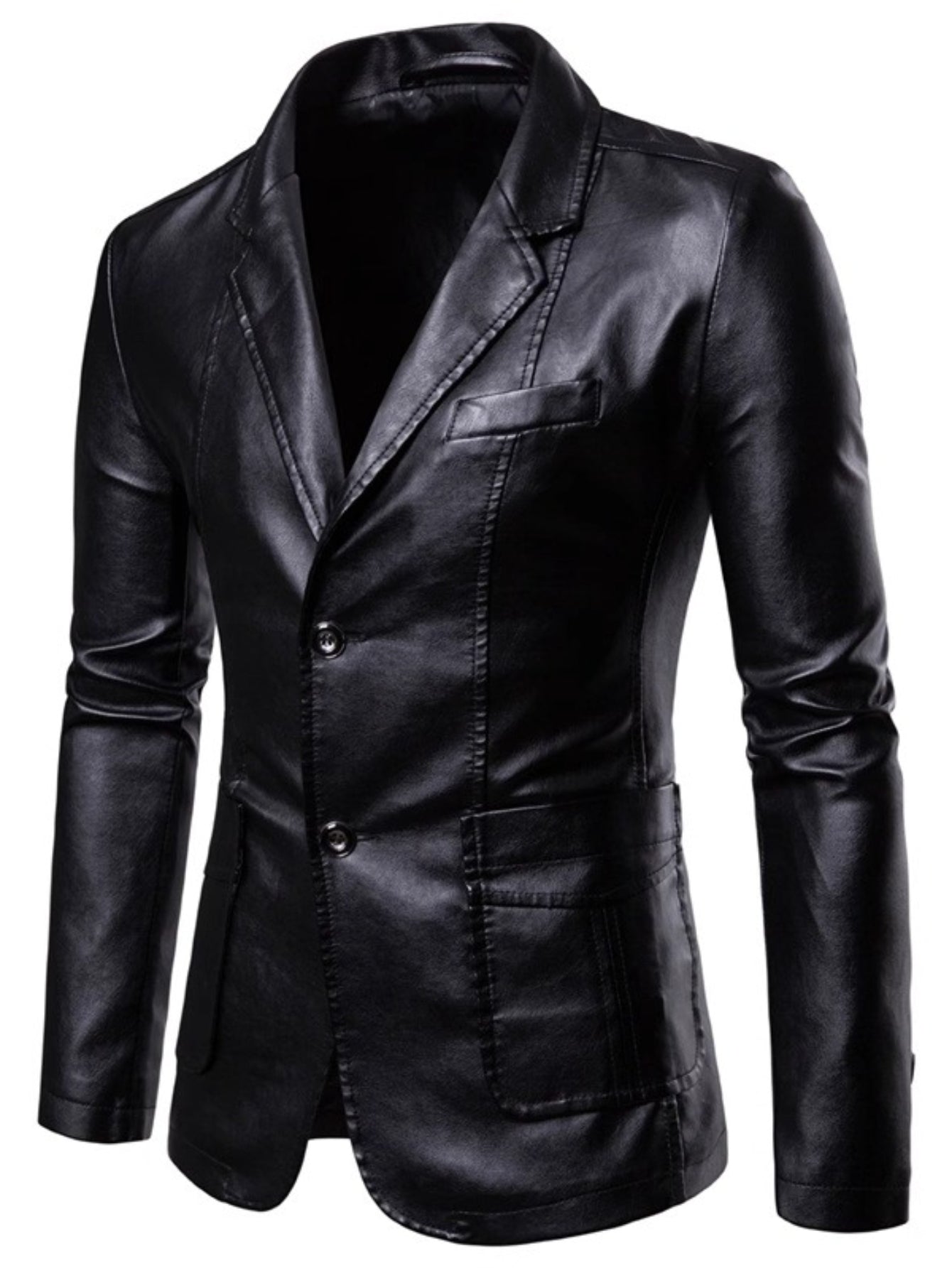 Men'S Spring & Autumn Elegant Gentleman Light Business Faux Leather Lapel Suit-Style Faux Leather Jacket | Trendy and Sophisticated Outerwear for Important Outdoor Occasions, Button Closure, Lining, Solid Color