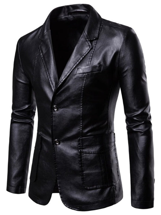 Men'S Spring & Autumn Elegant Gentleman Light Business Faux Leather Lapel Suit-Style Faux Leather Jacket | Trendy and Sophisticated Outerwear for Important Outdoor Occasions, Button Closure, Lining, Solid Color