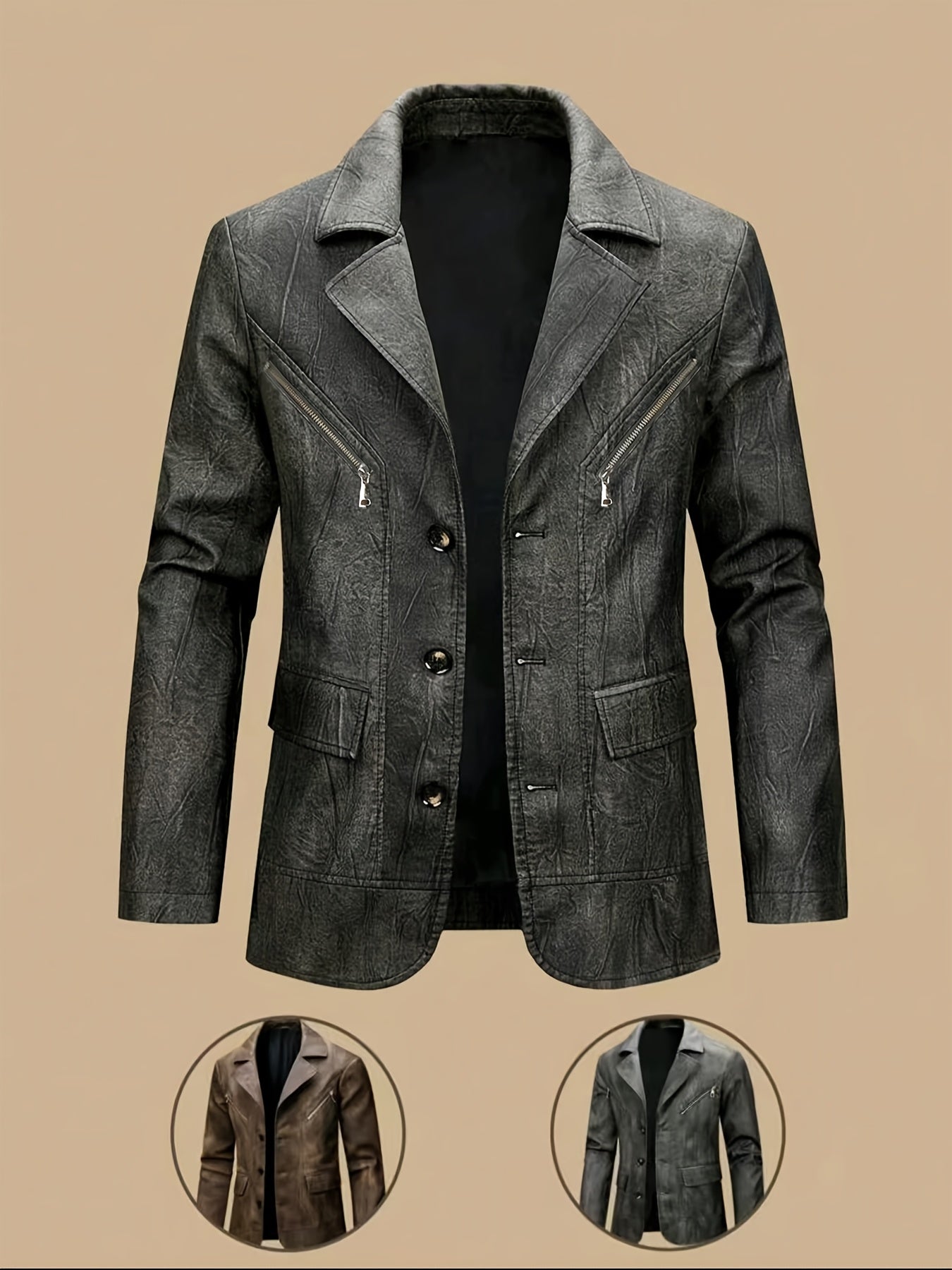 Men's Vintage Full-Breed Peel Soft Blazer Jacket with Collar & Full-Pocket Motorcycle Suit Coat for Business/Casual Wear, Windproof Outer Jacket (), Autumn/Winter