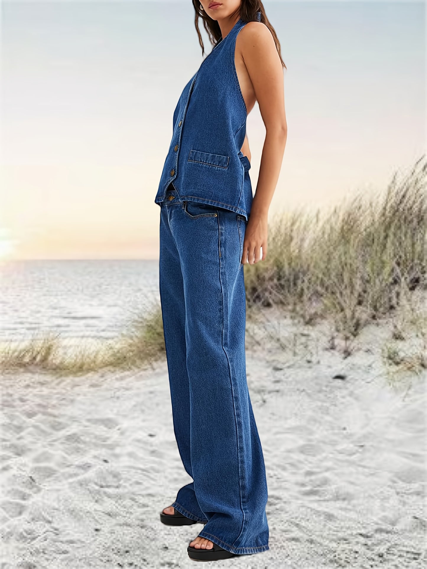 [Denim Set] 2pcs Women's Denim Set - Two Piece Outfit Suits - Button Backless Tank Top And Wide Leg Jeans