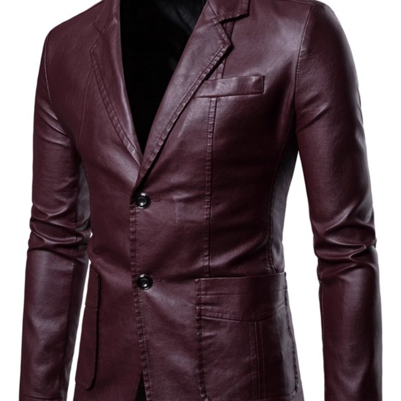Men'S Spring & Autumn Elegant Gentleman Light Business Faux Leather Lapel Suit-Style Faux Leather Jacket | Trendy and Sophisticated Outerwear for Important Outdoor Occasions, Button Closure, Lining, Solid Color