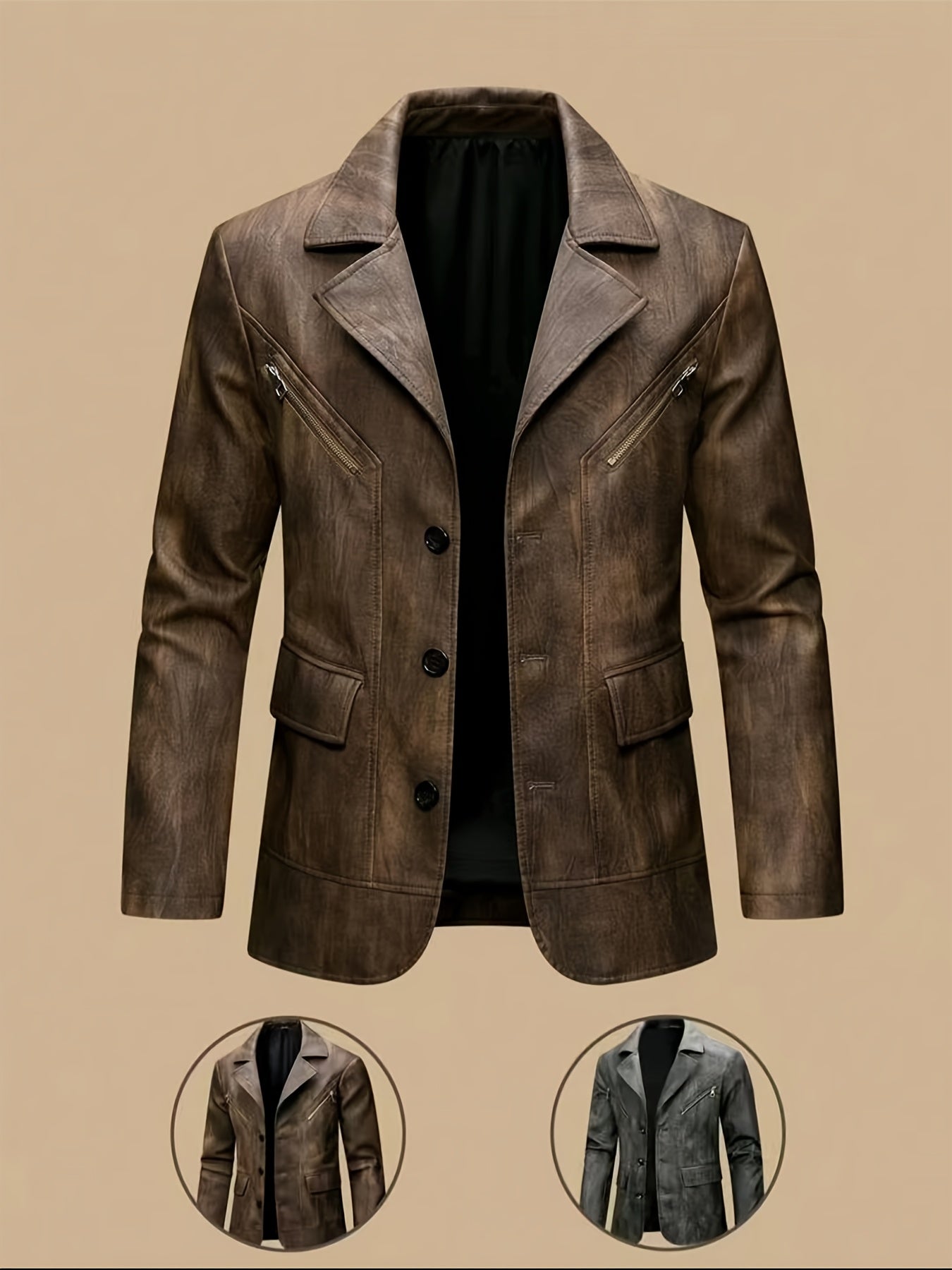 Men's Vintage Full-Breed Peel Soft Blazer Jacket with Collar & Full-Pocket Motorcycle Suit Coat for Business/Casual Wear, Windproof Outer Jacket (), Autumn/Winter