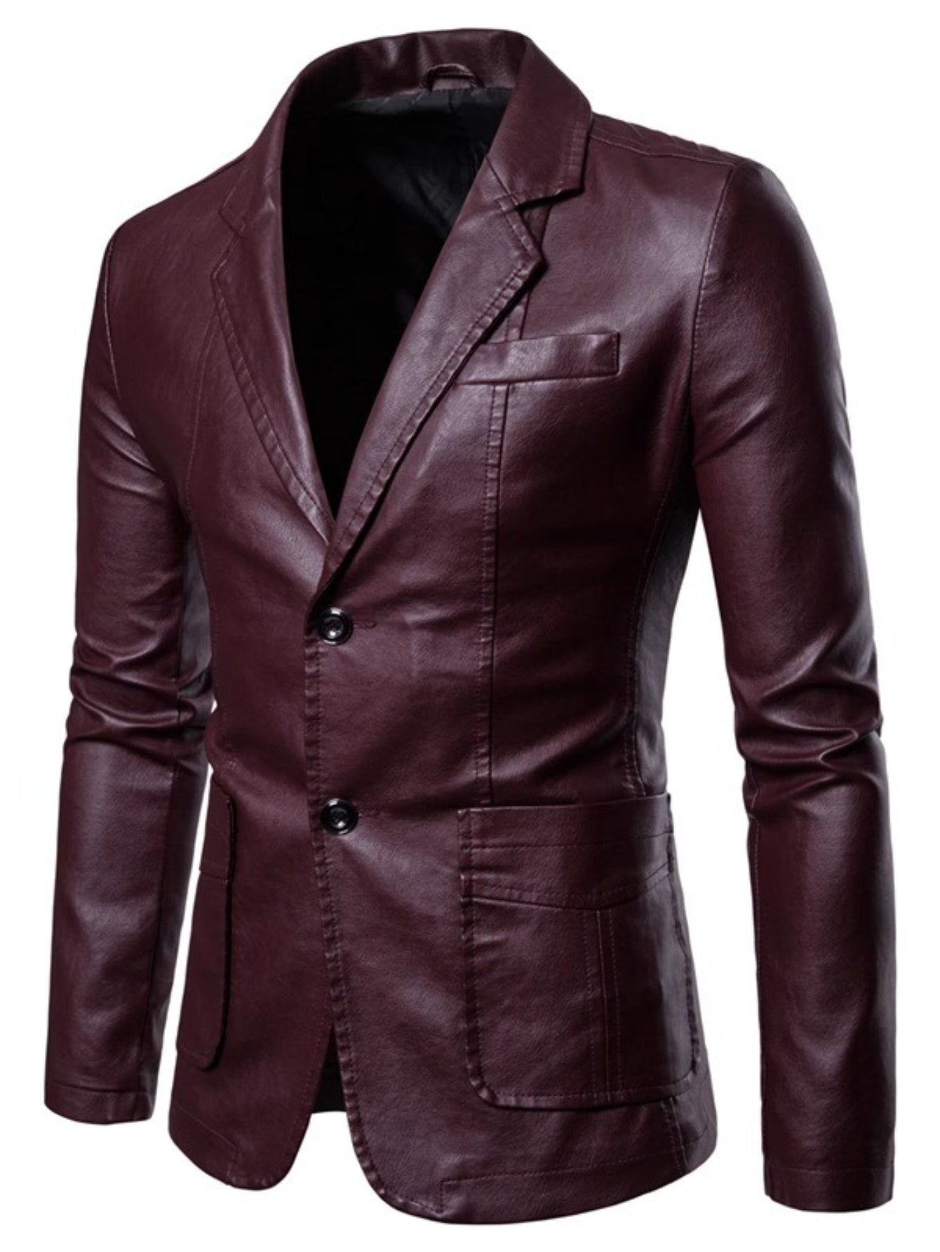 Men'S Spring & Autumn Elegant Gentleman Light Business Faux Leather Lapel Suit-Style Faux Leather Jacket | Trendy and Sophisticated Outerwear for Important Outdoor Occasions, Button Closure, Lining, Solid Color