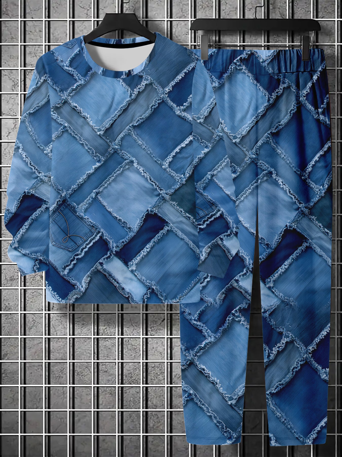 Men's Patchwork Denim Suit Blue Geometric Check Print Fashionable Street Casual Wear