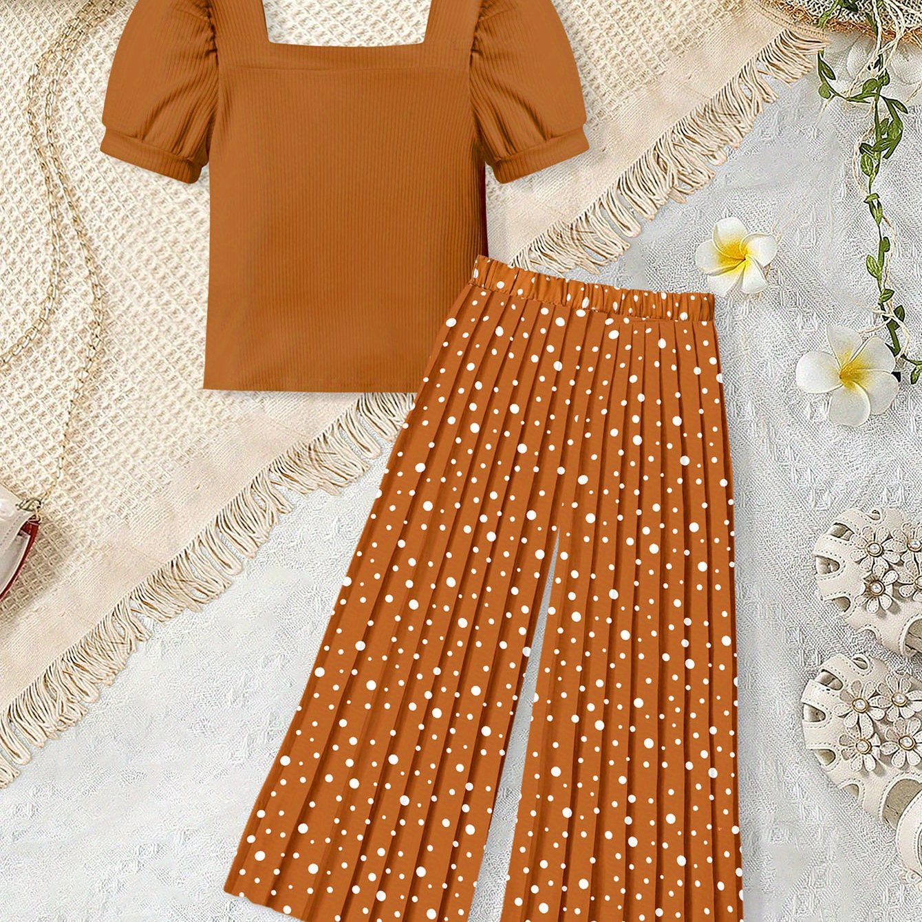 AGAPENG Toddler Little Girl Clothes Outfits Set Square Neck Tops + Pleated Pants + Headband 3pcs Kids Clothing