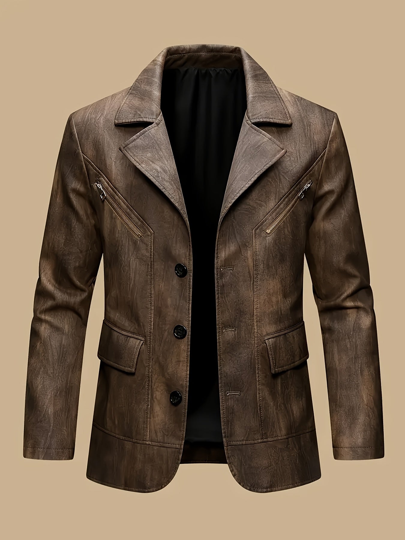 Men's Vintage Full-Breed Peel Soft Blazer Jacket with Collar & Full-Pocket Motorcycle Suit Coat for Business/Casual Wear, Windproof Outer Jacket (), Autumn/Winter