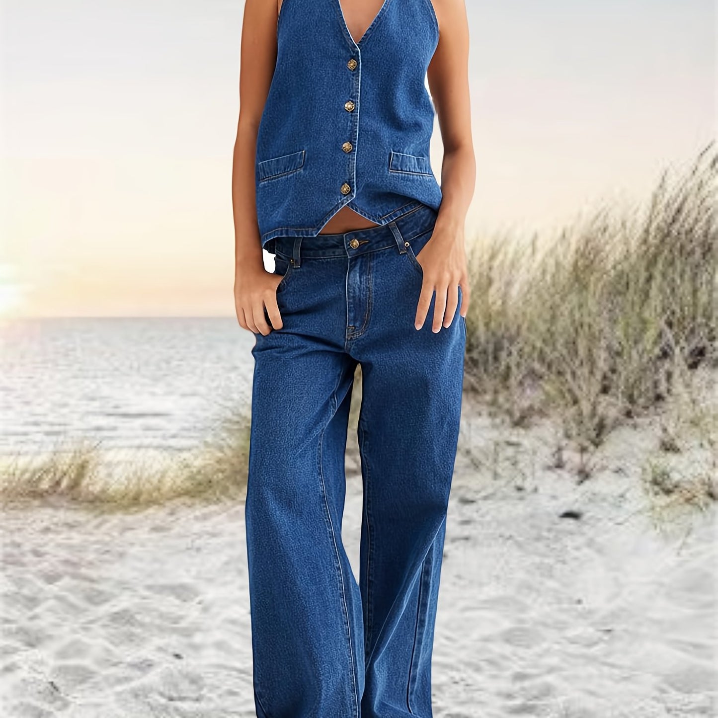 [Denim Set] 2pcs Women's Denim Set - Two Piece Outfit Suits - Button Backless Tank Top And Wide Leg Jeans