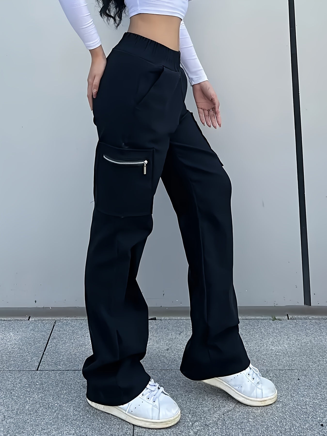Girls' Y2K Streetwear Cargo Pants with Zipper Pockets & Elastic Waist - Loose Fit All-Season Black Trousers for Outdoor Play & Casual Attire, Playtime Apparel, Durable Kids' Clothing
