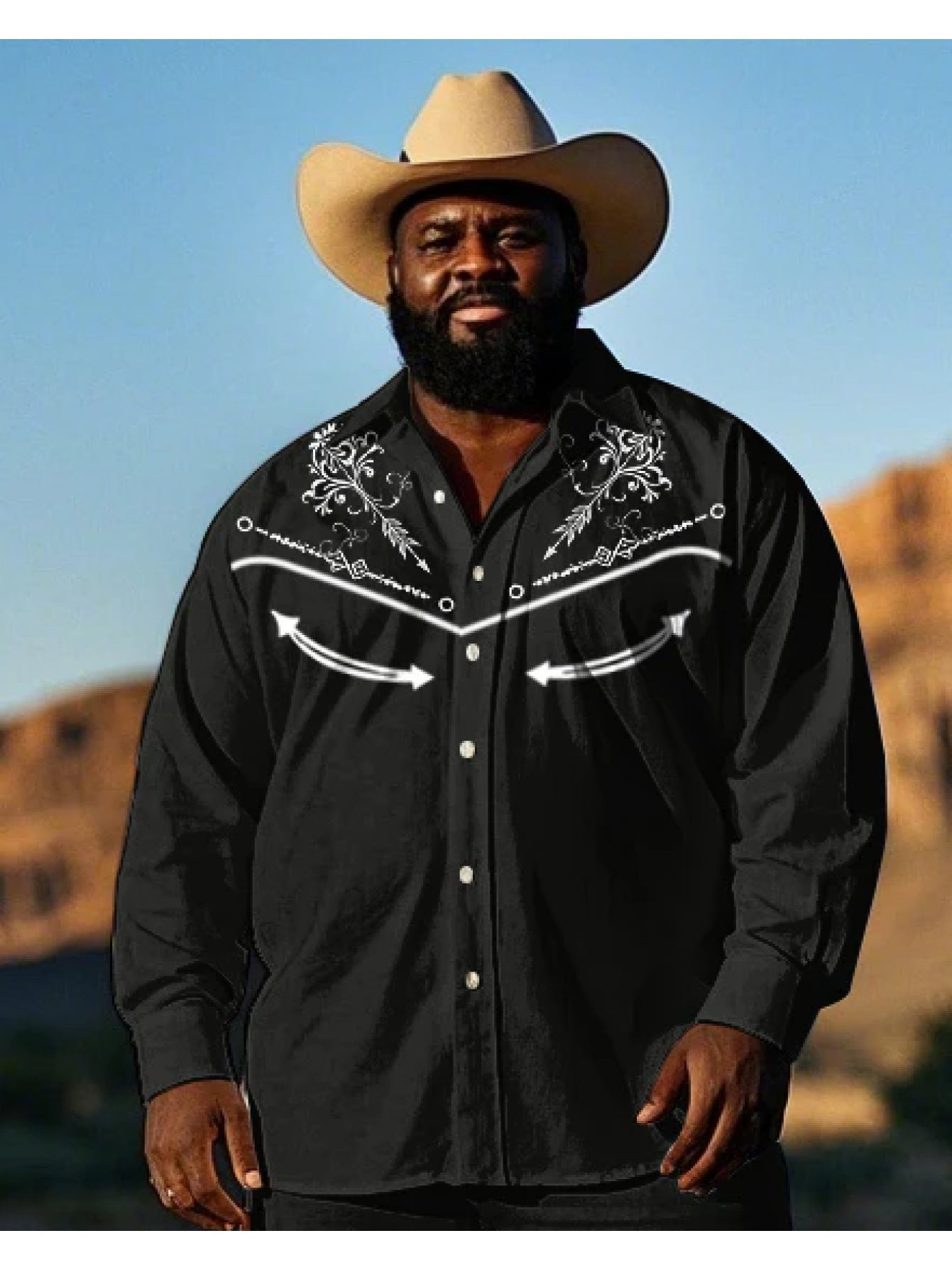 Large Men's retro denim suit, black embroidered denim long sleeved shirt+black long pants. Large loose Western style fashion two-piece set, PLUS SIZE