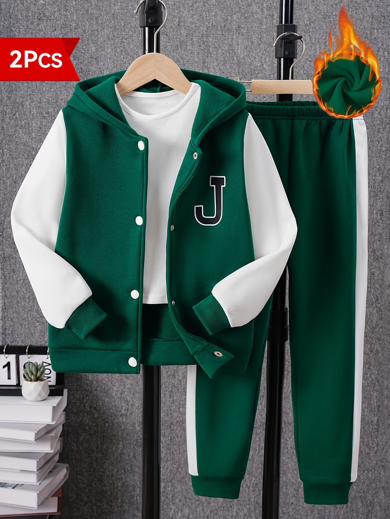 2pcs Boy's Long Sleeve Color Block Drop Shoulder Varsity Hooded Baseball Jacket & Casual Pants Outdoor Outfit, Kids Clothing For Spring Fall