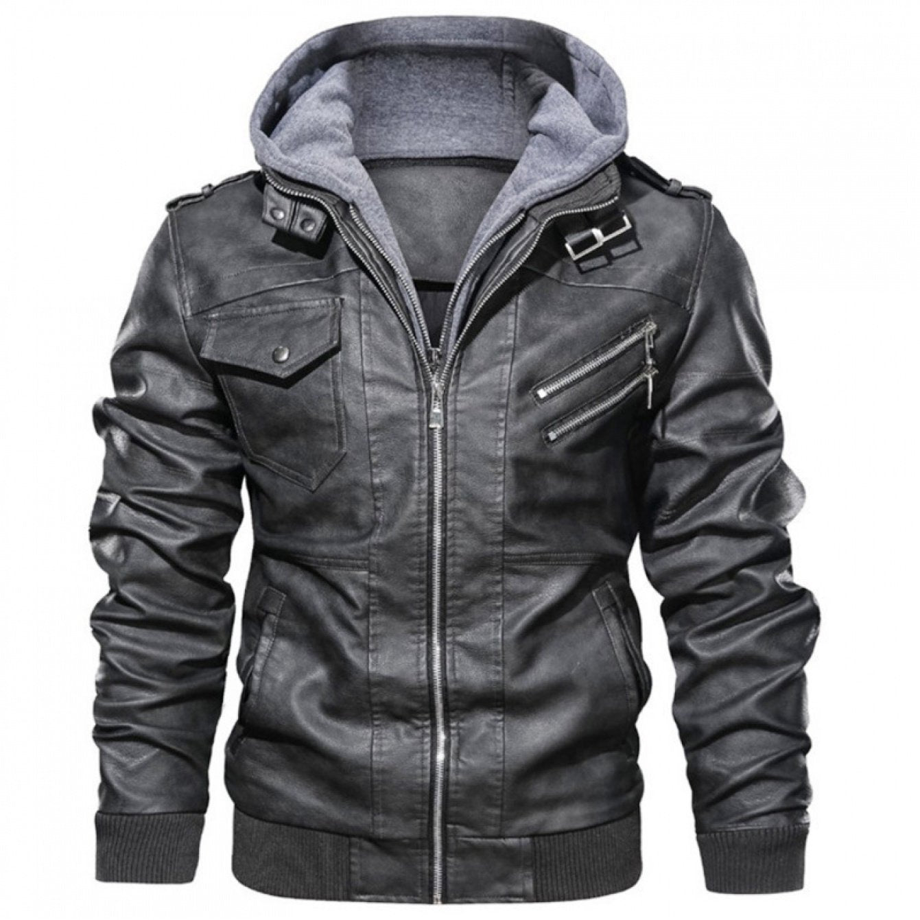 Men's Full-Bodied Retro Leather Jacket & Hooded Coat Two-Piece Set - Full-Zip Front Closure, Collar, Chest Pocket - Heavy-Duty Winter Outerwear (Black) - European/American Style Leather Suit for Cold Weather