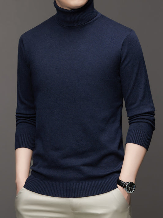 Turtle Neck Knitted Slim Sweater, Men's Casual Warm Solid High Stretch Pullover Sweater For Fall Winter, Old Money Style