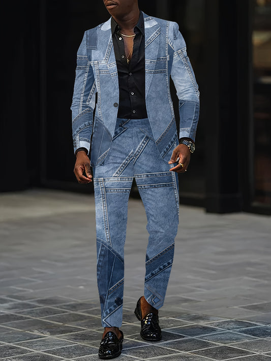Men And Women Slim Fit Nightclub Style Suits, Fashion Western-style Clothes Autumn Winter Party Digital Printed Jacket with Long Pants 2pcs Set for Men Hip Hop Outerwear Clothes Two Pieces.