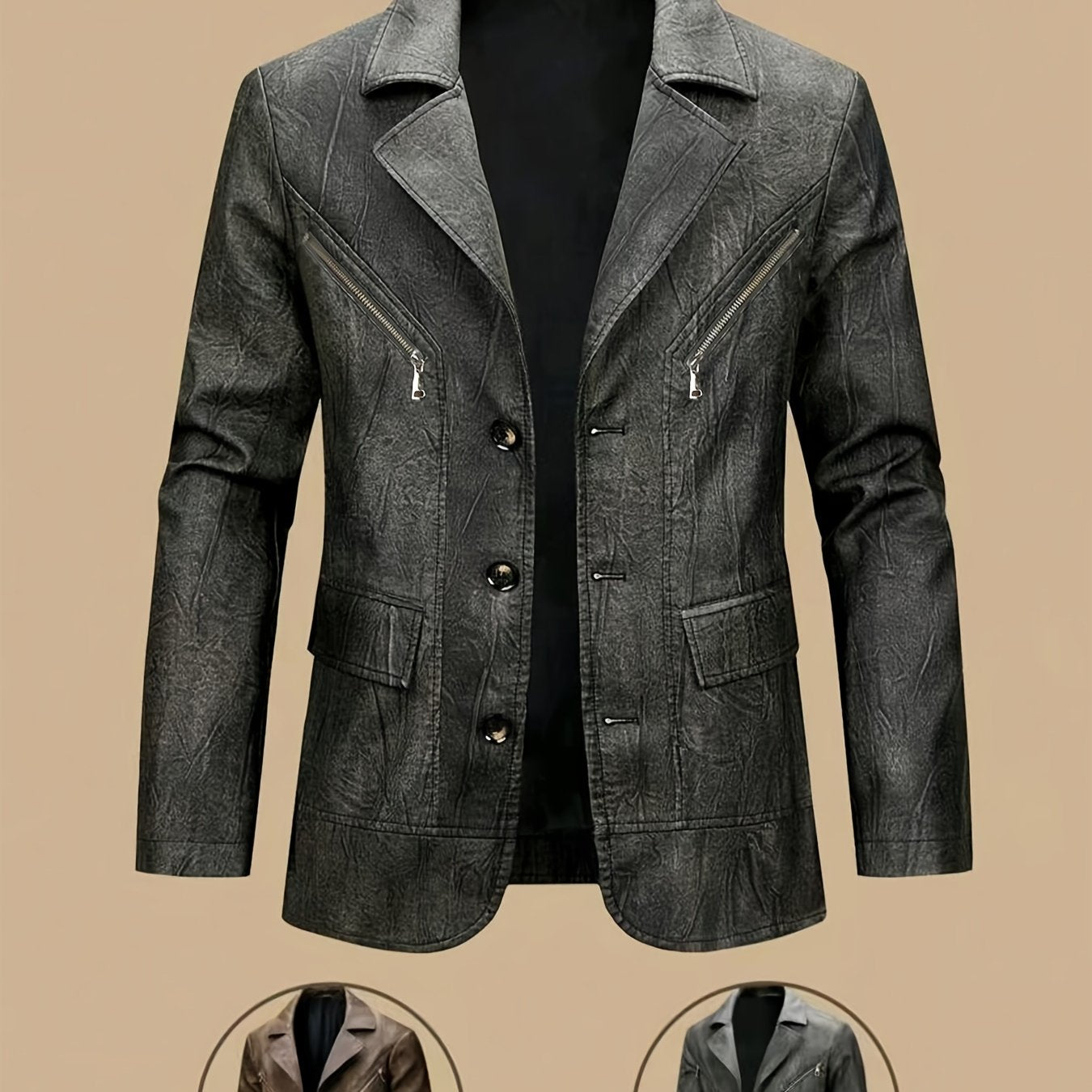 Men's Vintage Full-Breed Peel Soft Blazer Jacket with Collar & Full-Pocket Motorcycle Suit Coat for Business/Casual Wear, Windproof Outer Jacket (), Autumn/Winter