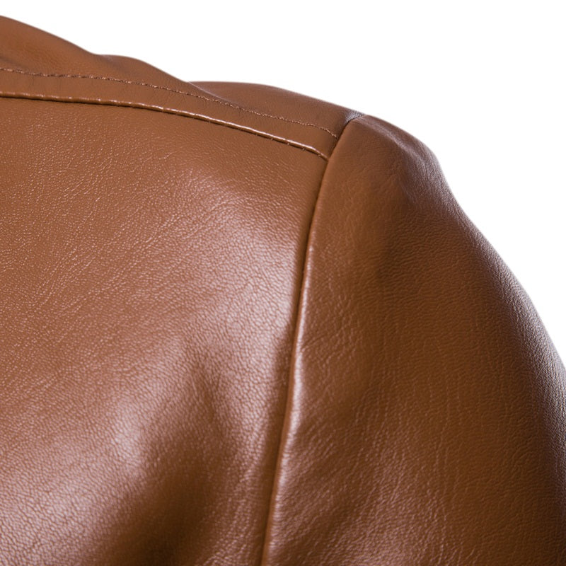 Men'S Spring & Autumn Elegant Gentleman Light Business Faux Leather Lapel Suit-Style Faux Leather Jacket | Trendy and Sophisticated Outerwear for Important Outdoor Occasions, Button Closure, Lining, Solid Color