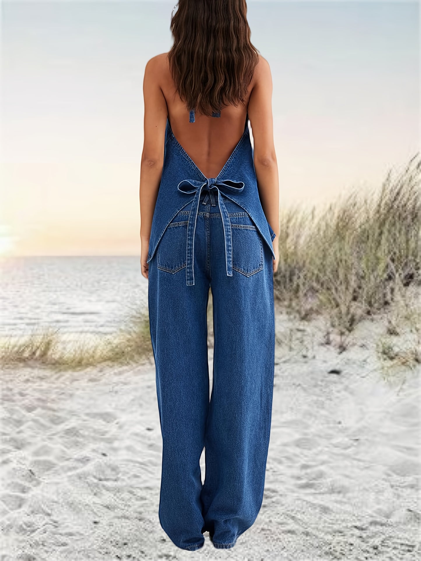 [Denim Set] 2pcs Women's Denim Set - Two Piece Outfit Suits - Button Backless Tank Top And Wide Leg Jeans