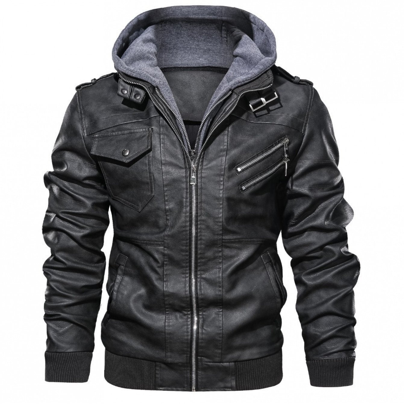 Men's Full-Bodied Retro Leather Jacket & Hooded Coat Two-Piece Set - Full-Zip Front Closure, Collar, Chest Pocket - Heavy-Duty Winter Outerwear (Black) - European/American Style Leather Suit for Cold Weather