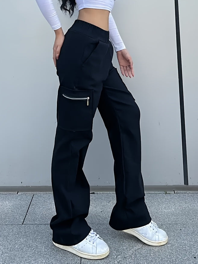 Girls' Y2K Streetwear Cargo Pants with Zipper Pockets & Elastic Waist - Loose Fit All-Season Black Trousers for Outdoor Play & Casual Attire, Playtime Apparel, Durable Kids' Clothing