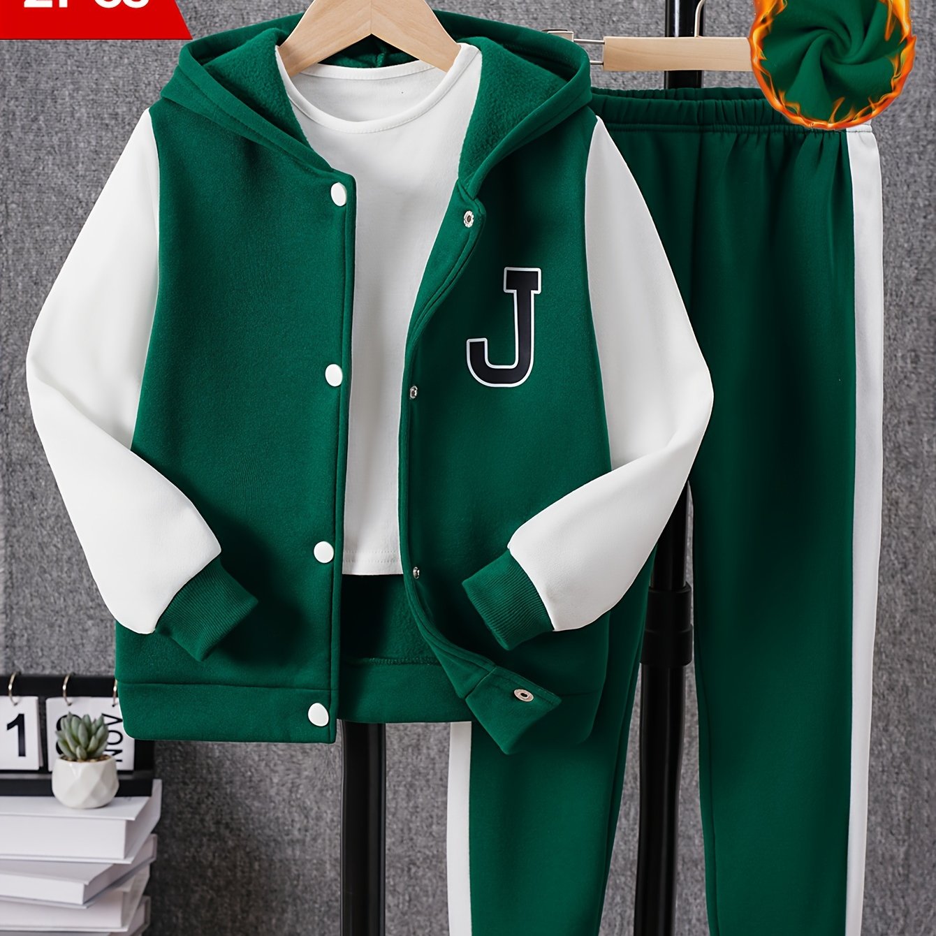 2pcs Boy's Long Sleeve Color Block Drop Shoulder Varsity Hooded Baseball Jacket & Casual Pants Outdoor Outfit, Kids Clothing For Spring Fall