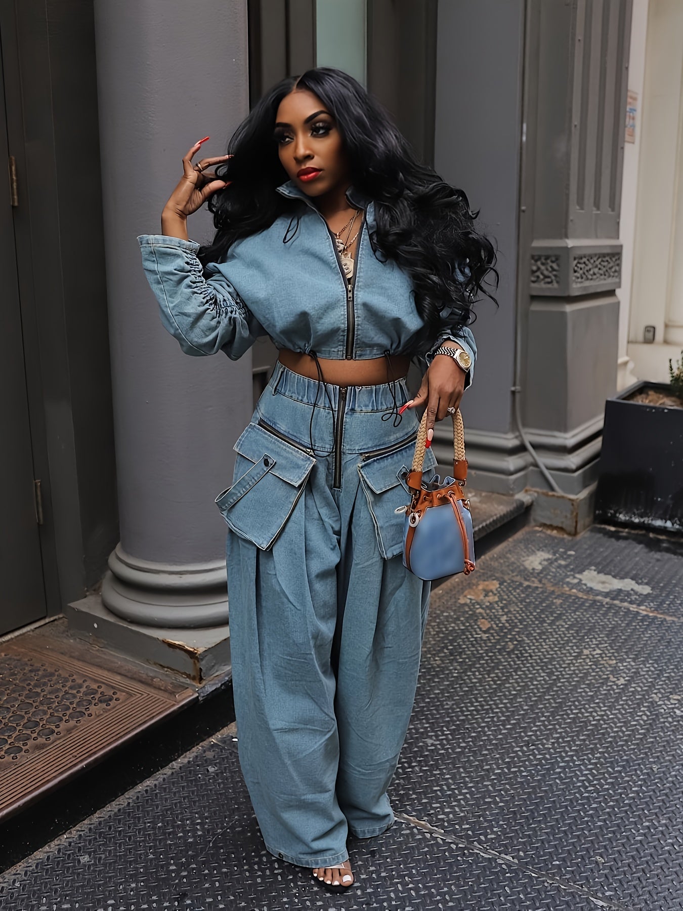 Women'S 2pcs Denim Set with Long Sleeve Zip-Up Crop Top and Wide-Leg Pants with Multiple Pockets