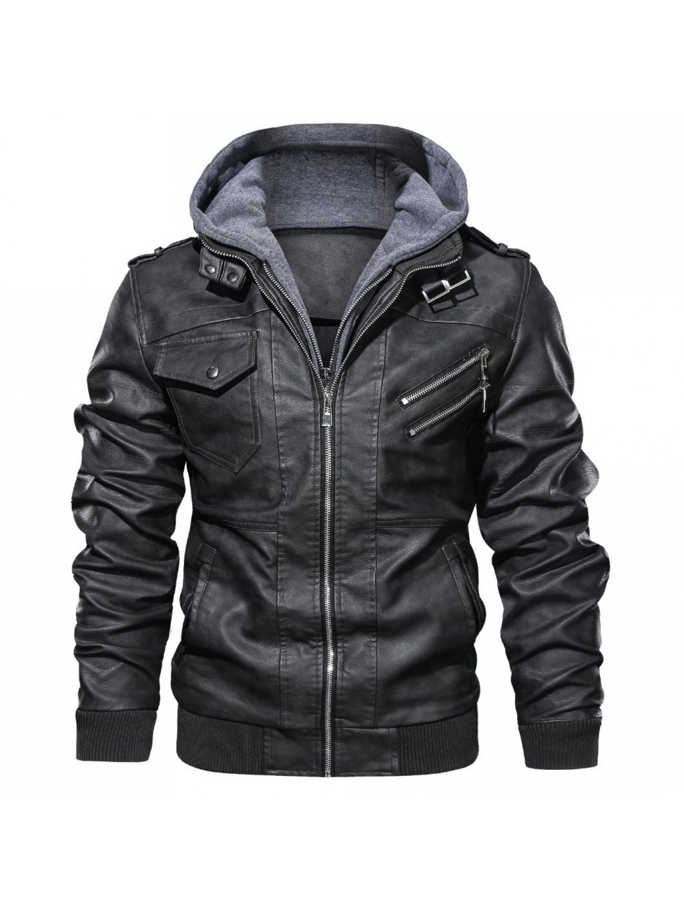 Men's Full-Bodied Retro Leather Jacket & Hooded Coat Two-Piece Set - Full-Zip Front Closure, Collar, Chest Pocket - Heavy-Duty Winter Outerwear (Black) - European/American Style Leather Suit for Cold Weather