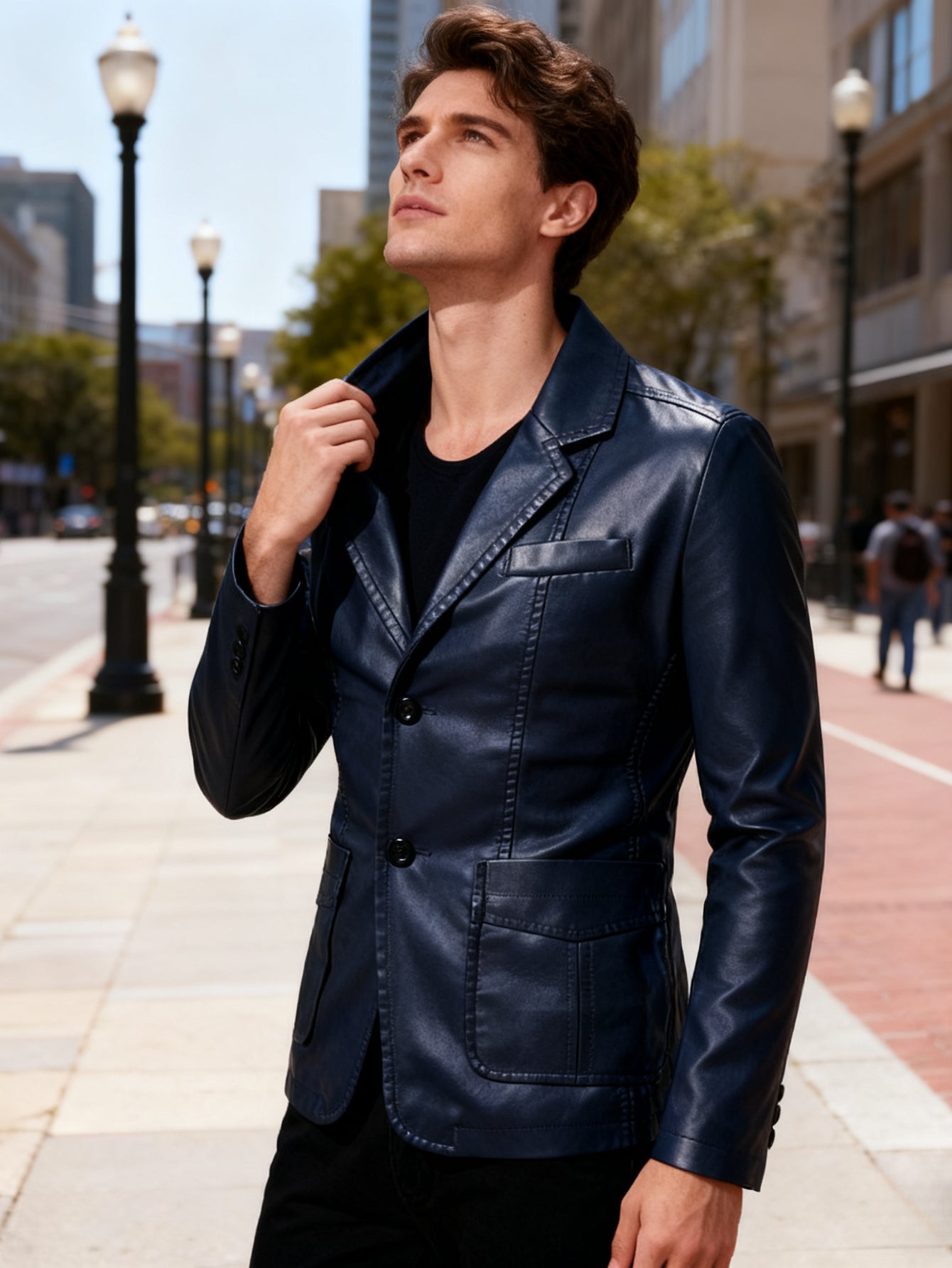 Men'S Spring & Autumn Elegant Gentleman Light Business Faux Leather Lapel Suit-Style Faux Leather Jacket | Trendy and Sophisticated Outerwear for Important Outdoor Occasions, Button Closure, Lining, Solid Color