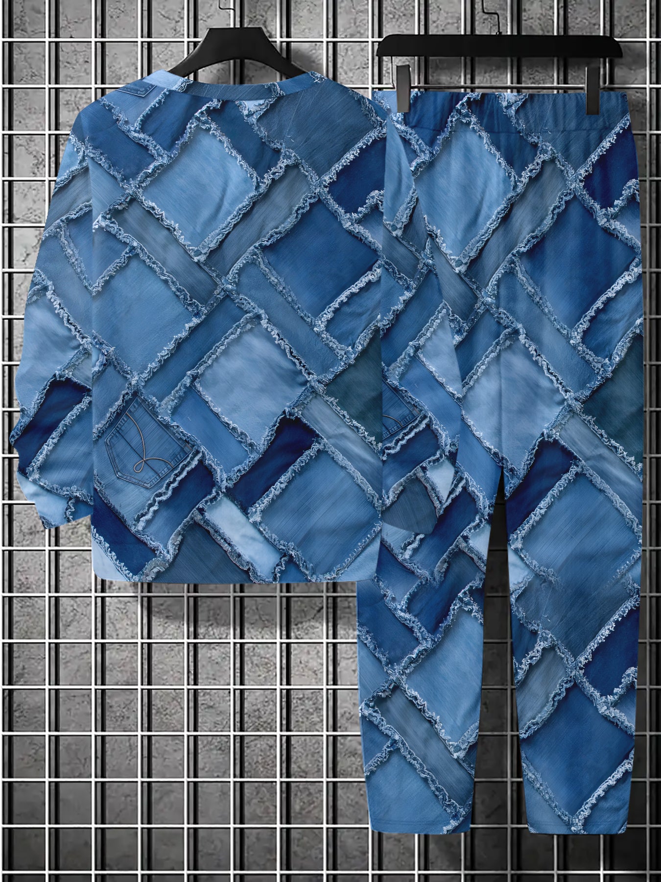Men's Patchwork Denim Suit Blue Geometric Check Print Fashionable Street Casual Wear