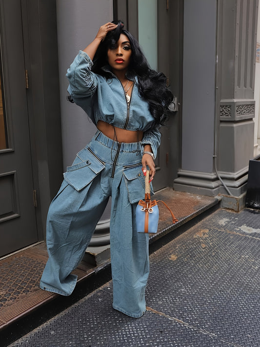 Women'S 2pcs Denim Set with Long Sleeve Zip-Up Crop Top and Wide-Leg Pants with Multiple Pockets